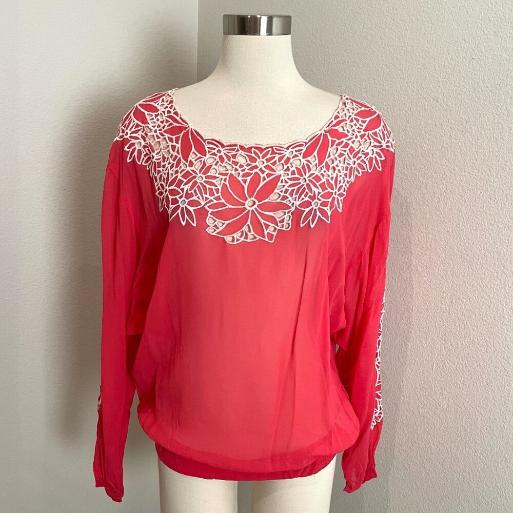 Leifnotes Anthropologie Womens 4 Coral Floral Embroidered Blouse Top Shirt